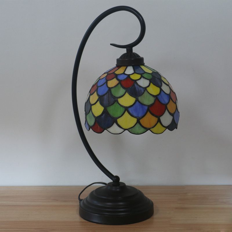 Domed Nightstand Lighting 1 Light Stained Glass Victorian Fishscale Patterned Task Lamp in Dark Coffee with Curved Arm