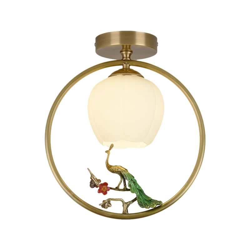 Opal Glass Brass Ceiling Lamp Inverted Bud 1 Bulb Rural Style Ring Flush Mount Light with Peacock Decor