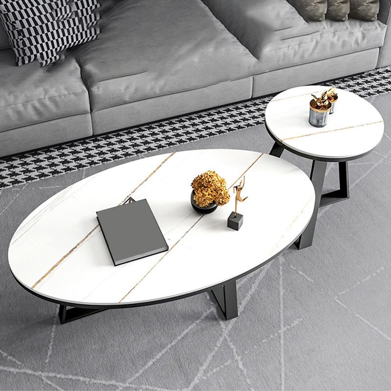 Glam Oval Stone Top Coffee Table with Iron Cross Base 17.71" High