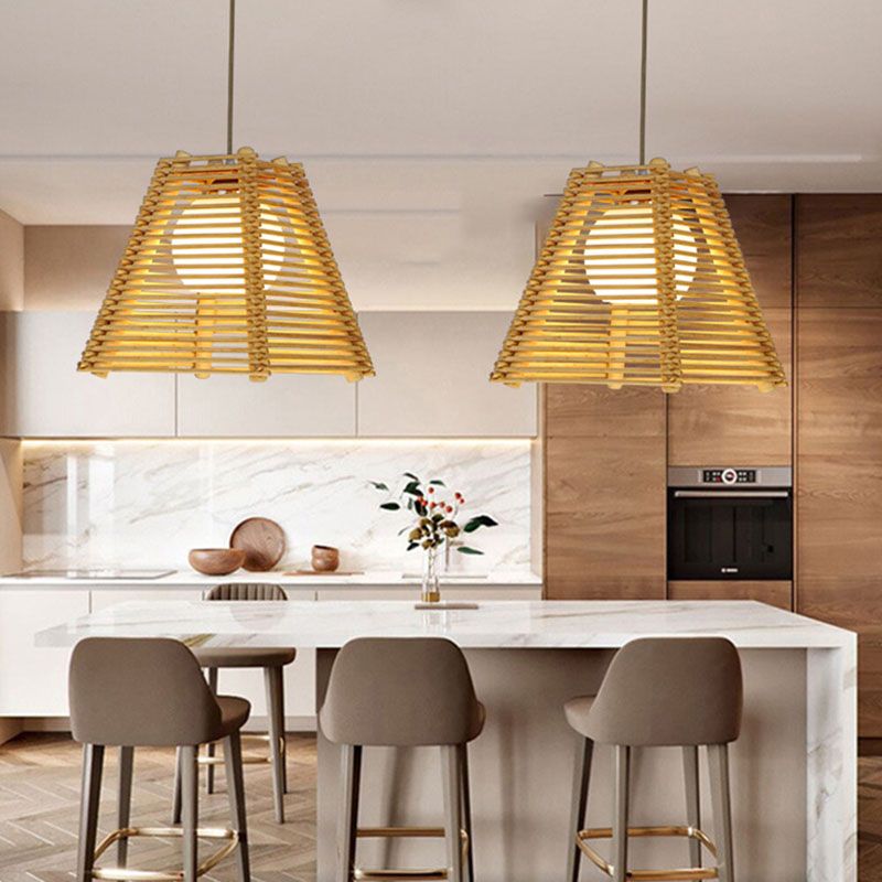 Bamboo Slatted Hanging Light Kit Asian 1 Light Wood Down Lighting Pendant over Table