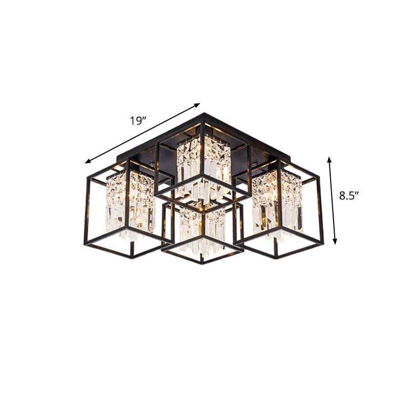 Cuboid Shade Semi Mount Lighting Modernist 4 Lights Black Flush Ceiling Lamp with Frame