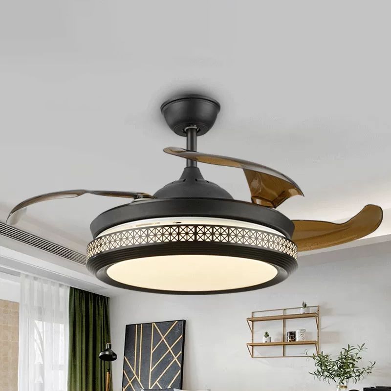 4-blade Hollow-Out Circle Semi Flush Contemporary Acryl 20 "brede LED Black Pendant Fan Light Fecture