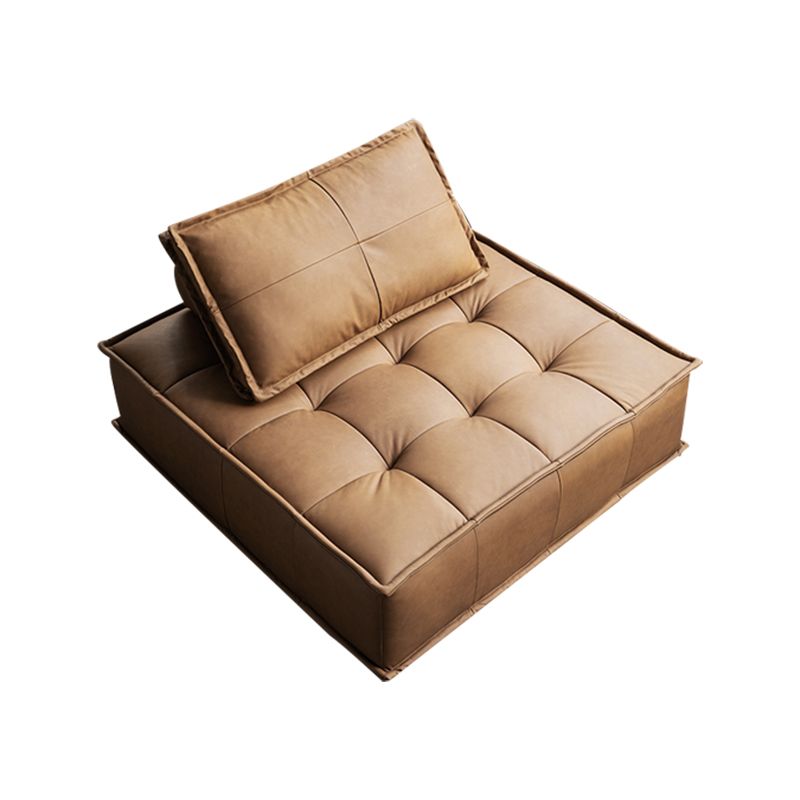 Tufted Leather Sectionals in Brown Mid-Century Modern Blocks Sofa with Pillows