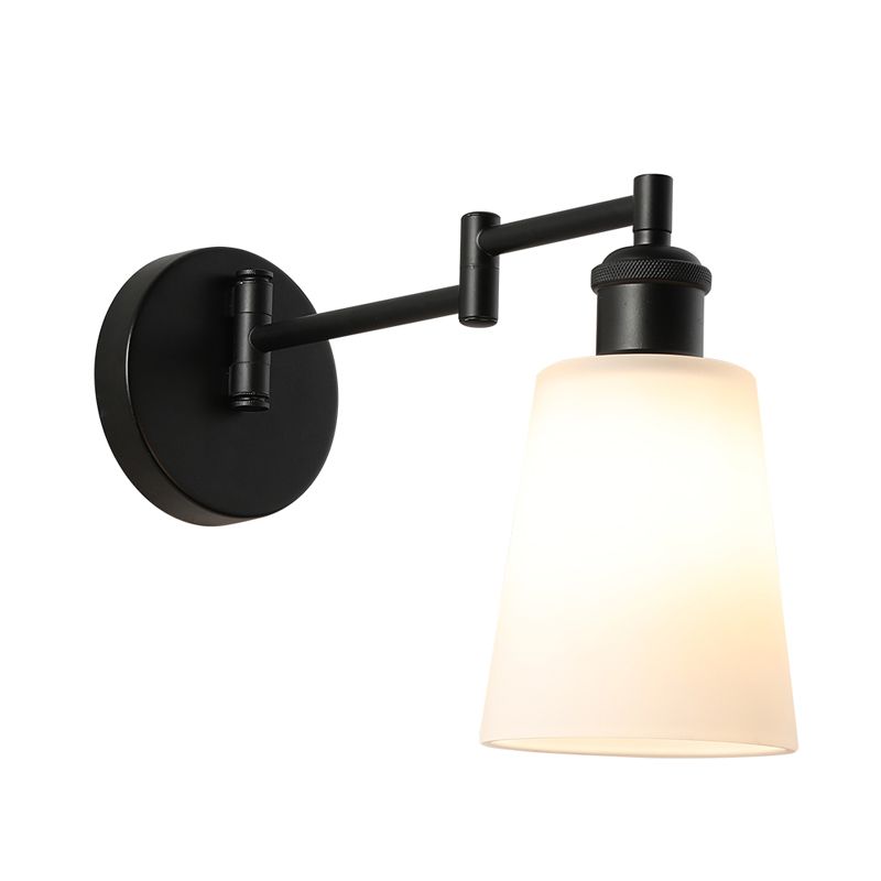 1 Light Wall Lighting Industrial Conical Milky Glass Sconce in Black for Living Room