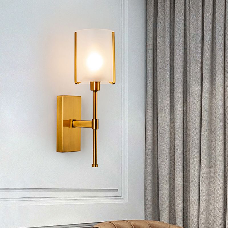 1 Head Cylinder Wall Lighting Modern Frosted Glass Sconce Light Fixture in Gold with Metal Pencil Arm