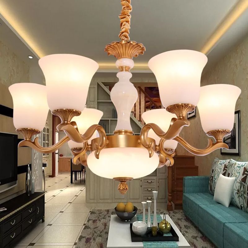 Bell met 6 licht omhoog kroonluchter lamp vintage koperen crème glazen hanglamp lampje voor slaapkamer