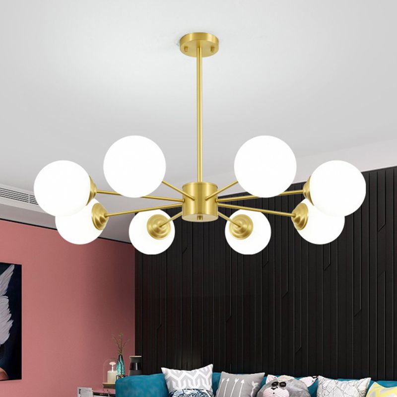 Post-Modern Metal Hanging Chandelier Light Opal Glass Shade  Ceiling Chandelier in Gold for Living Room