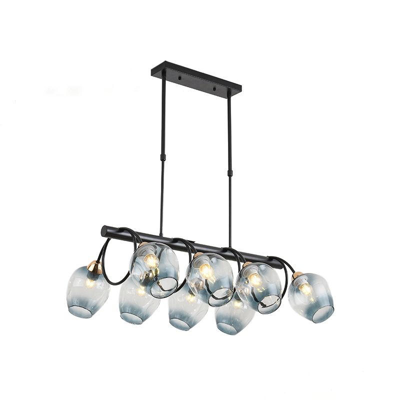 Wine Cup Island Light Modern Dimpled Blue/Green Ombre Glass 6/8/10-Head Black Suspended Lighting Fixture