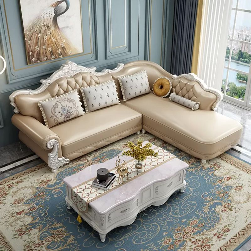 Tufted Scroll Arm Chesterfield Sofa and Chaise Genuine Leather Sofa with Pillows