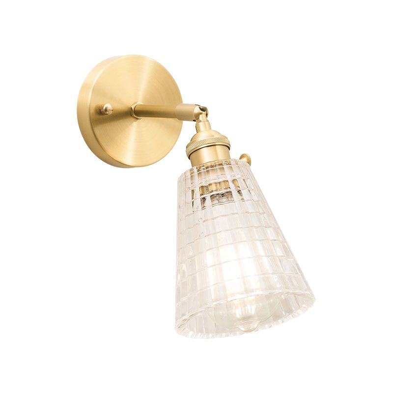 Conische roterende wandlichtkit postmodern helder geribbeld/rooster glas 1 licht gouden wand gemonteerd lamp