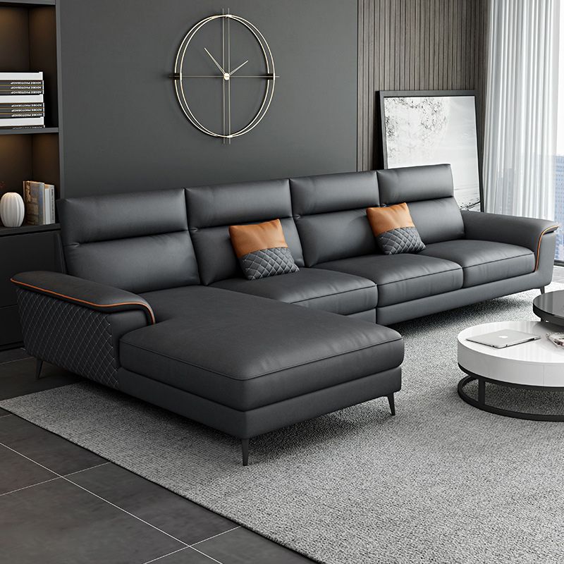 Modern Pillowed Back Faux Leather Sectionals,4-Cushion Sectional sofa, , Dark Grey