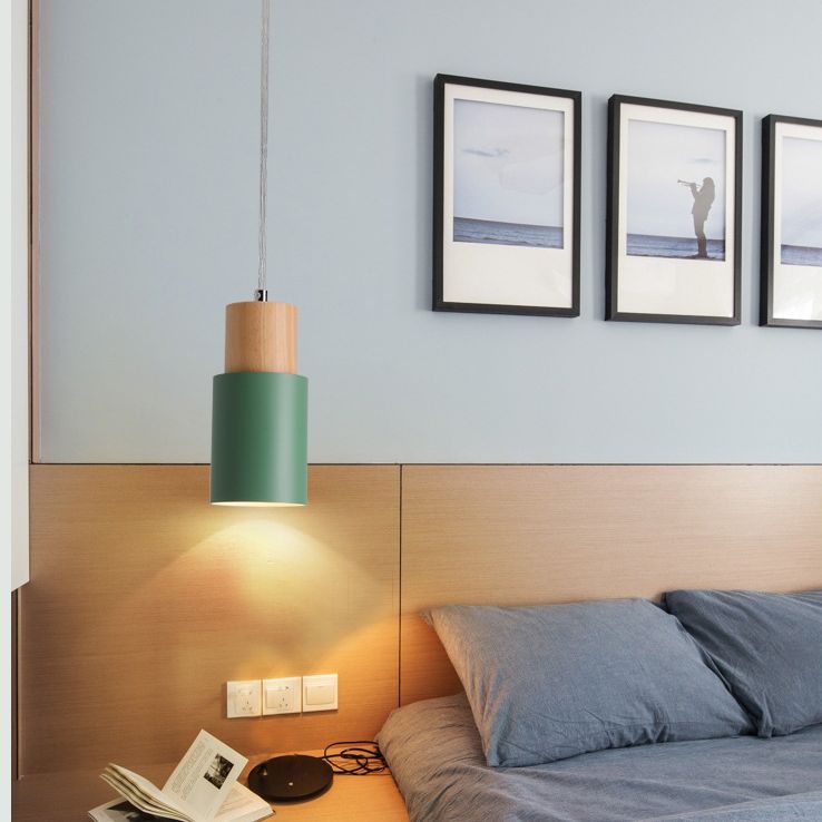 Modern Concise Single Pendant Light Wooden Cylindroid Macaron Hanging Lamp with Wrought Iron Shade