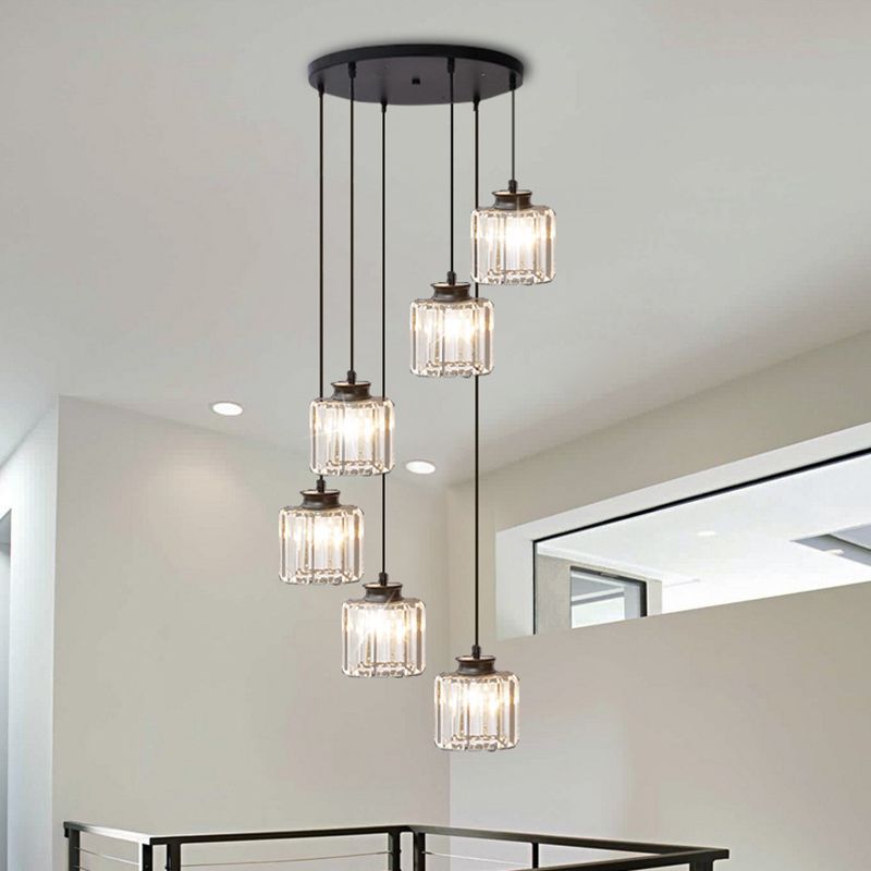 Gold Stairway Cluster Pendant Light in Modern Luxury Style Wrought Iron Hanging Light with Crystal Shade