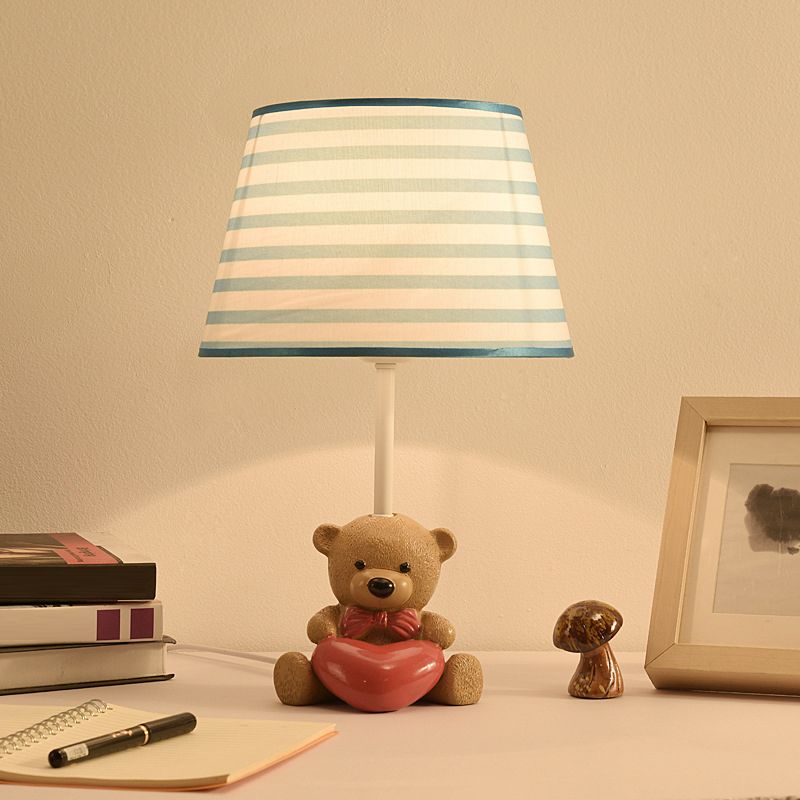 Fabric Empire Shade Table Lamp Cartoon 1 Head Brown Nightstand Light with Resin Bear and Heart
