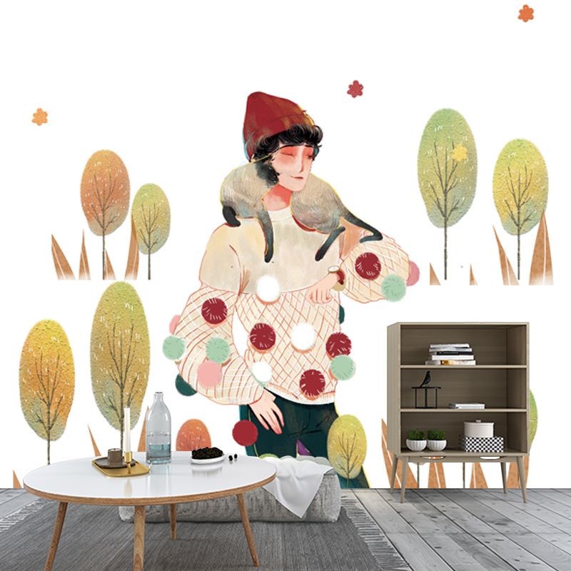 Large Childrens Art Mural Wallpaper White Girl Walk with Her Pet Wall Covering, Custom Size