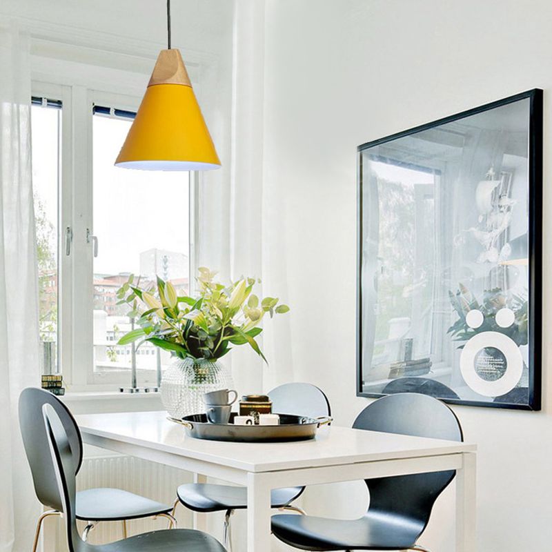 Nordic Simple Style Pendant Light, Macaron Color Conical Shade Hanging Light with Wooden Top