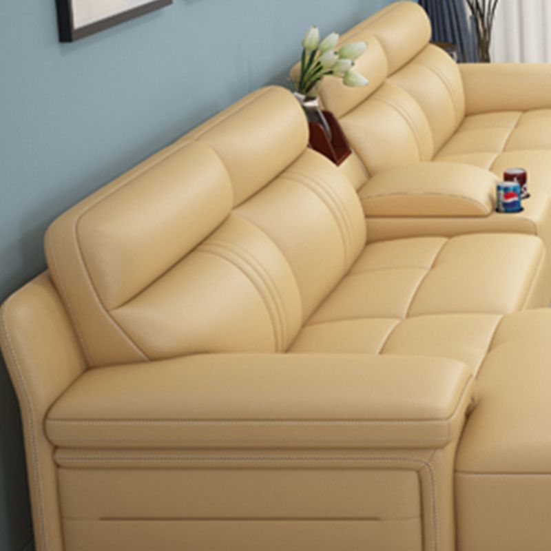 Genuine Leather Sectional Sofa Beige Pillow Top Arm Sofa with Cushion Back
