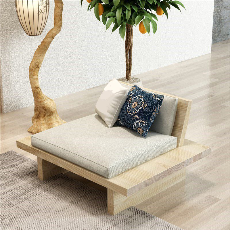 Tropical Solid Wood Frame Sofa Beige Linen Cushion Sofa with Pillows