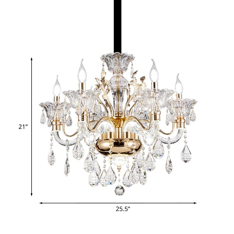 6 Lights K9 Crystal Pendant Light Mid-Century Gold Candlestick Bedroom Chandelier Lamp