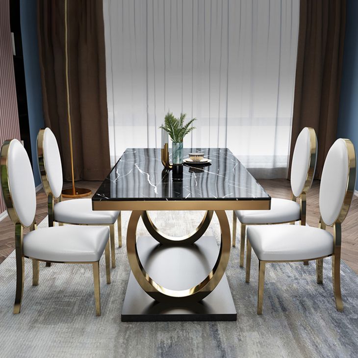 Traditional Luxury Marble Dining Table Rectangle Table with Metal Pedestal