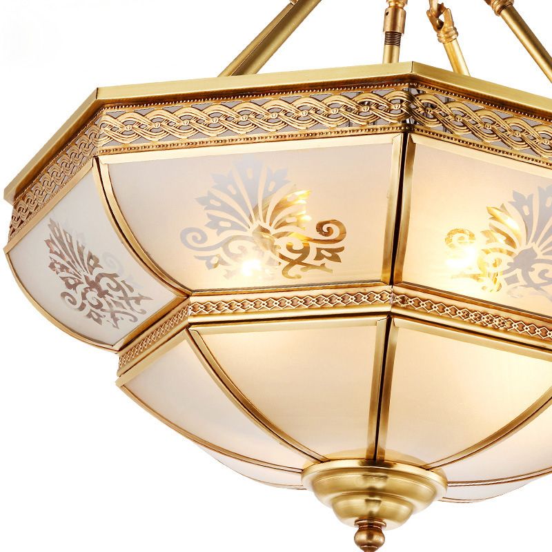 Ivory Glass Brass Ceiling Flush Bowl 4 Heads Colonialist Semi Mount Lighting for Living Room