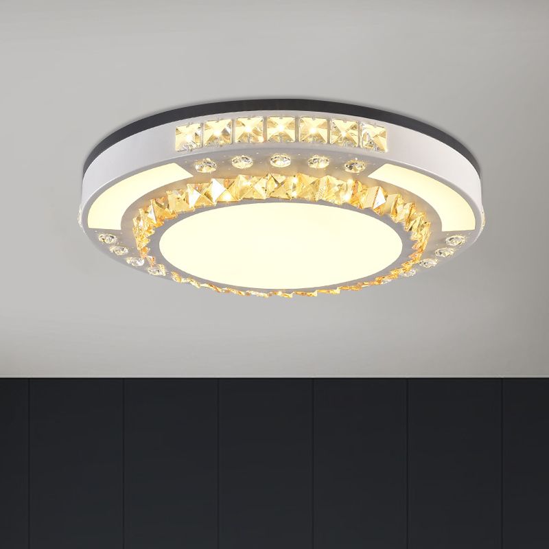 LED Flush Mount Lamp Modern Circular Clear Crystal Block Ceiling Mount in White for Living Room