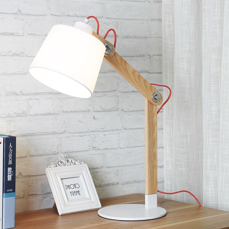 Lampada da comodino moderna in tessuto a 1 testa con lampada da lettura a tamburo in bianco con nodo rotante