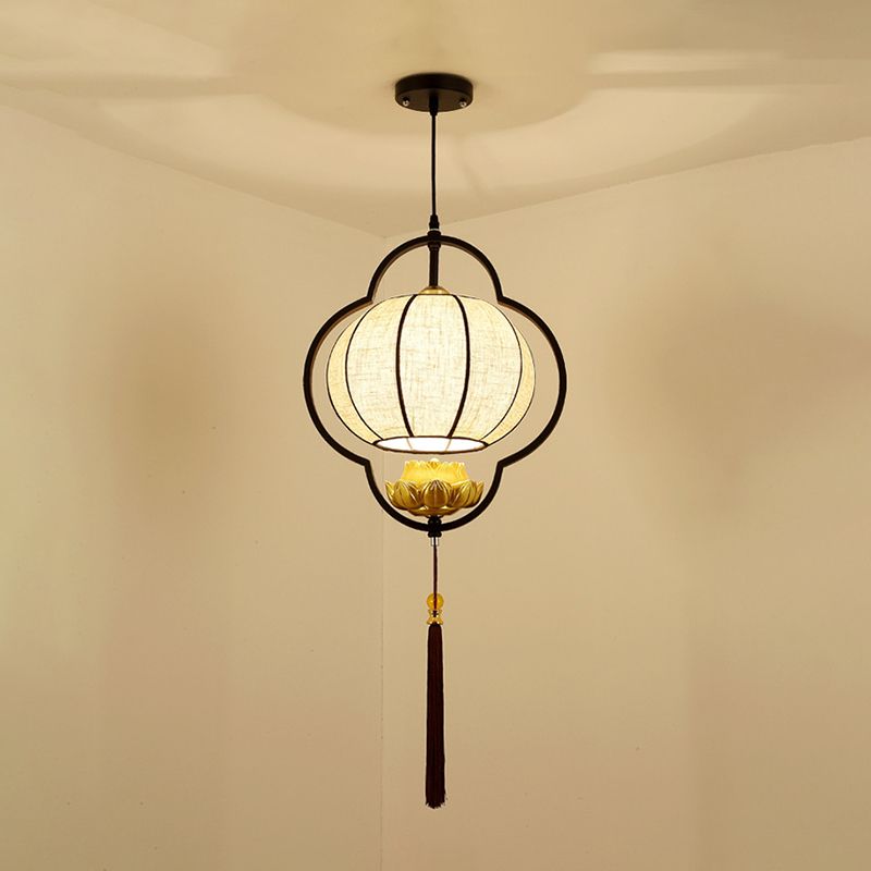 Living Room Ceiling Pendant Light Chinese Black Hanging Light Kit with Pumpkin Fabric Shade