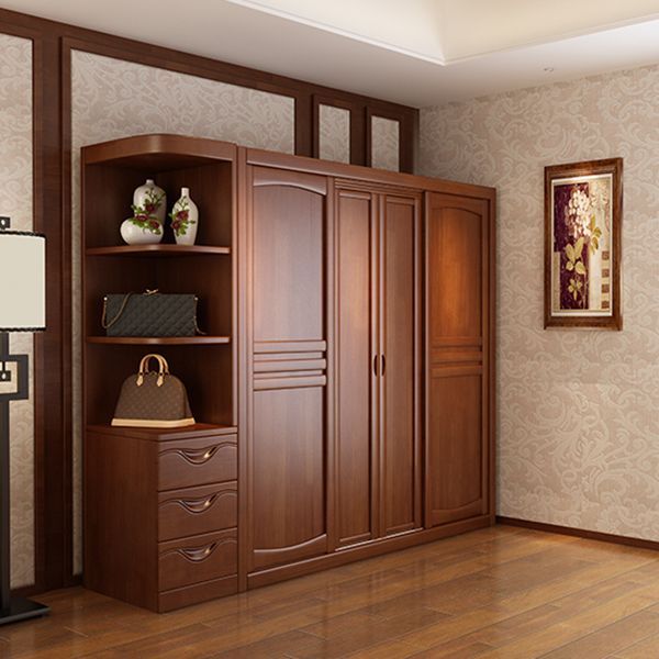 Rubber Wood Frame Wardrobe Freestanding Wardrobe Armoire with Shelves and Clothes Rail