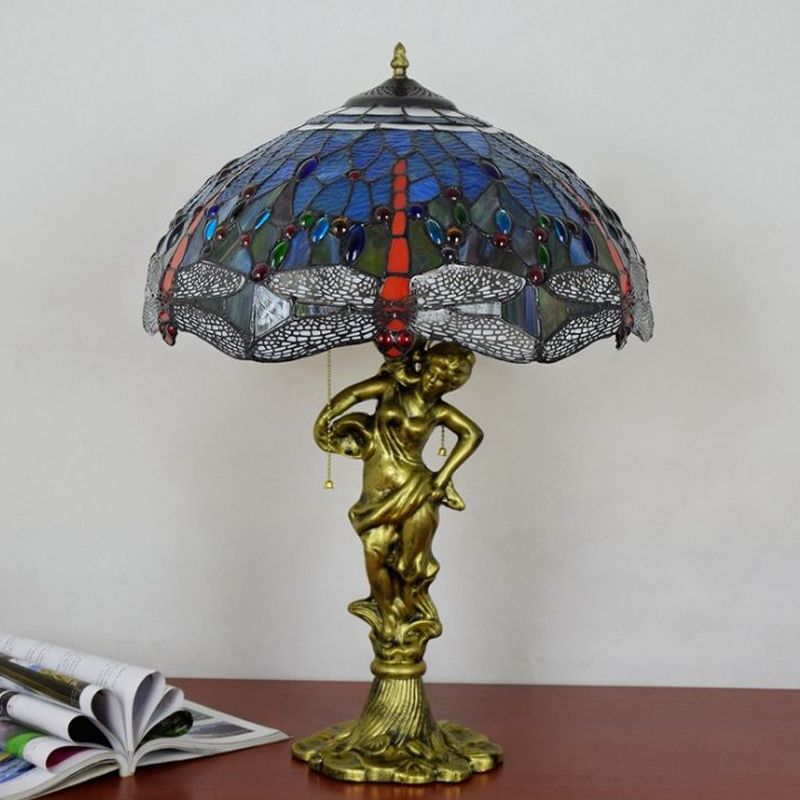 Dragonfly Cabochons Embedded Table Light 3-Light Yellow/Orange/Blue Glass Tiffany Nightstand Lamp with Pull Chain