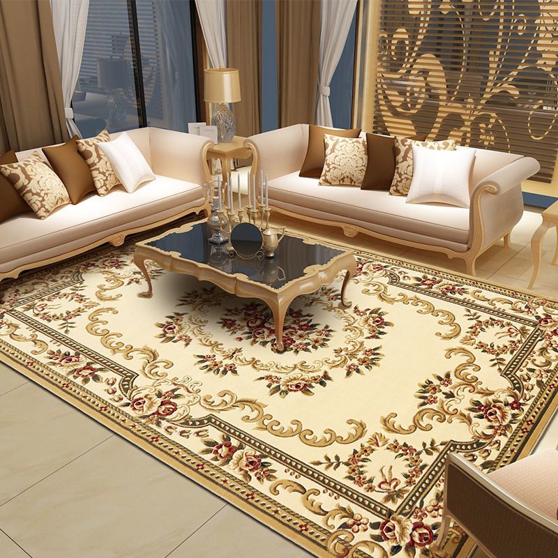 Yellow Traditional Area Carpet Medallion Pattern Polyester Area Rug Stain Resistant Rug for Bedroom