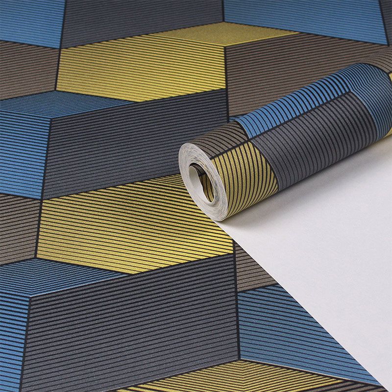 Contemporary Wallpaper in Yellow and Blue 3D Effect Cube Wall Covering, 57.1 sq ft.