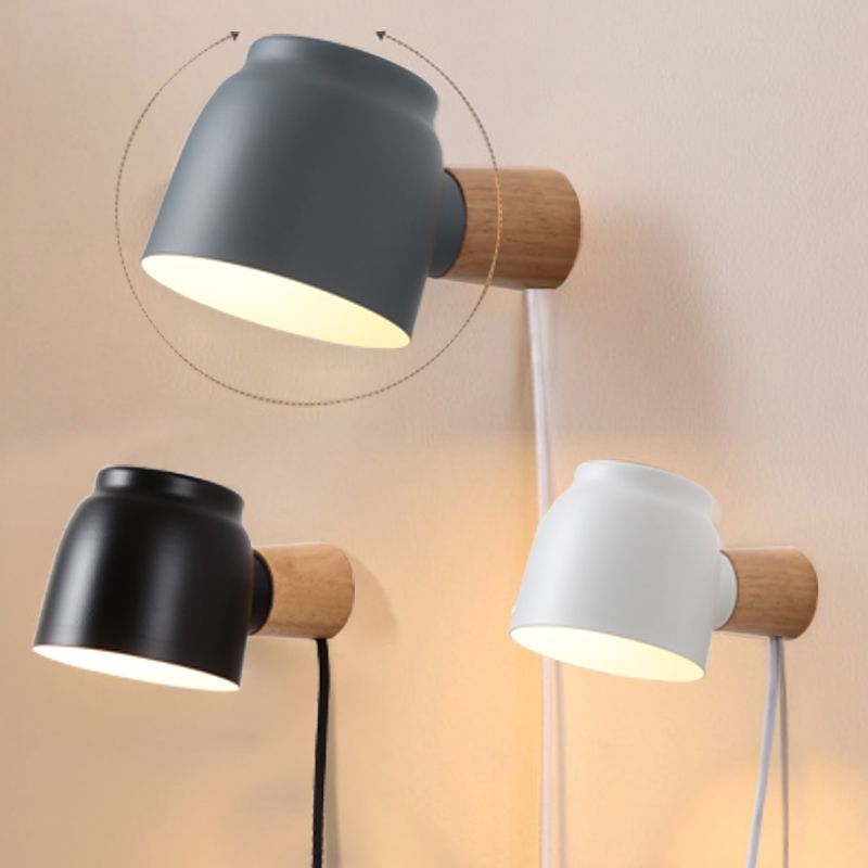 Nordic Wood Wall Light Geometric Metal Shade Wall Sconce with Switch for Bedroom