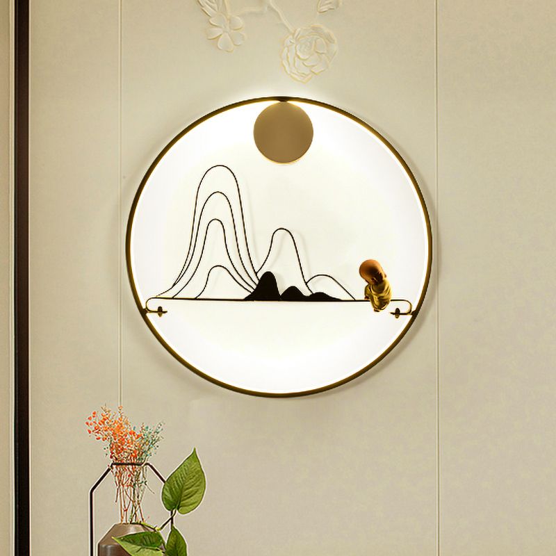 Mountain and Monk Mural Wall Lamp Creative Chinese Style Fabric Gold LED Sconce Light