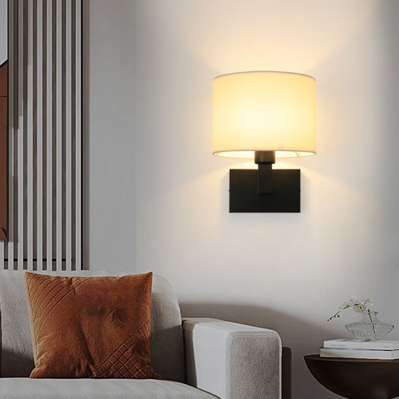 Modern Metal Wall Sconce Cylinder Shape Wall Light with Fabric Shade for Bedroom
