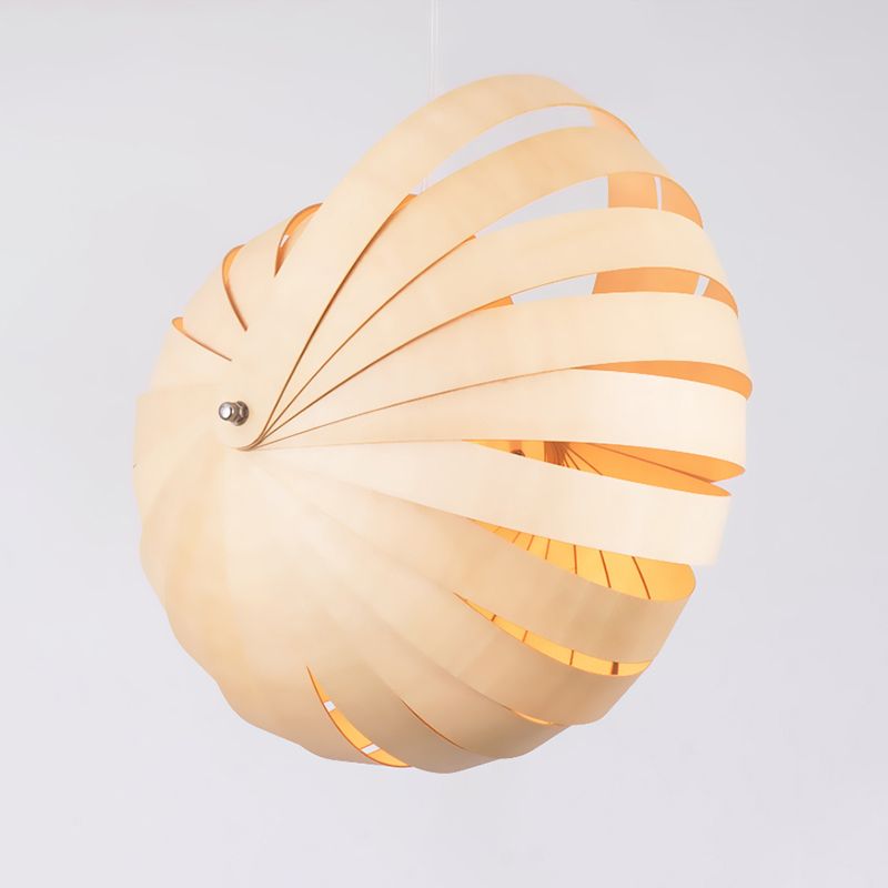 Round Hanging Light Asian Wood 15"/18" Wide 1 Head Beige Suspended Lighting Fixture