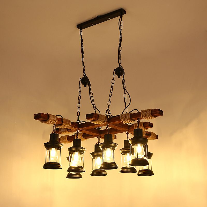 2/6/8 LUMIÈRES LANTERIE PENDANT Ferme de lampe brune îlot en verre transparent avec cercle / trapézoïde / bras en bois sillonnant