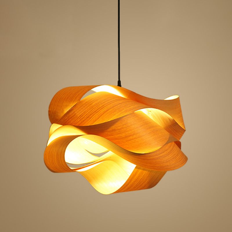 Twist Hanging Light Chinese Wood 1 Glühbirne 18 "/23,5" breit beige hängende Beleuchtung