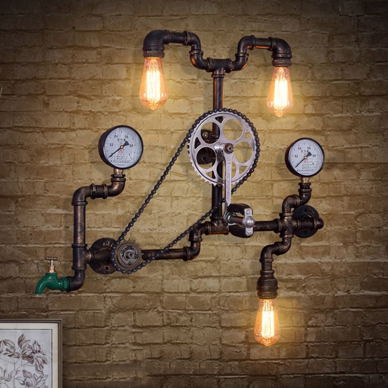 Metal Rust Finish Sconce Light Fixture Bicycle-Shape 3 Bulbs Industrial Wall Mount Pipe Lamp for Restaurant
