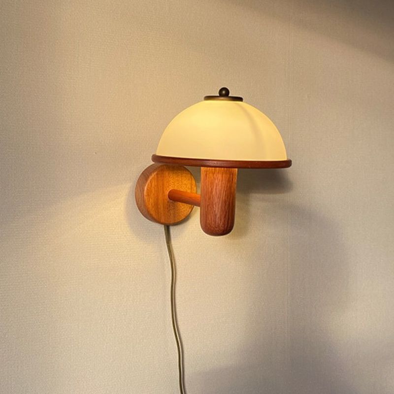 Modern Wood Wall Sconce Mushroom Shape Wall Light with Metal Shade for Living Room