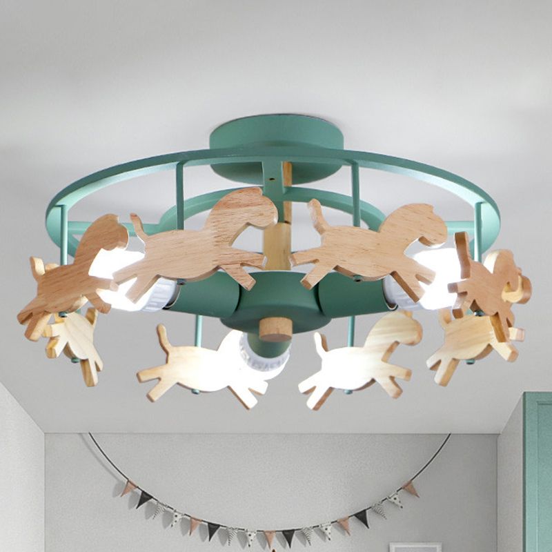 Merry-Go-Round Kindergarten Ceiling Lamp Wooden 3-Head Kids Semi Flush Mount Light
