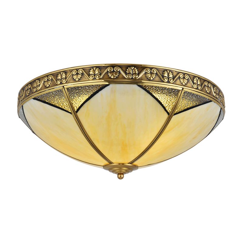 3 Lights Beige Glass Flush Mount Rural Brass Dome Living Room Ceiling Flush Mounted Lamp
