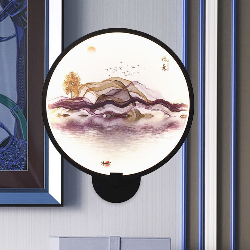 Brown/Purple Line Art Mural Lighting Asian Style Metallic LED Wall Sconce Light for Bedroom
