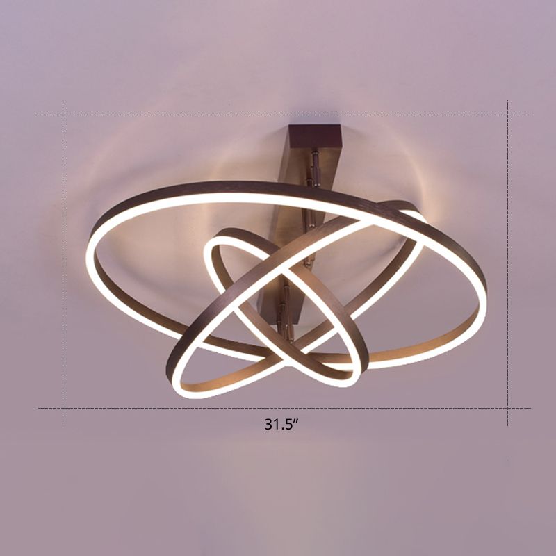 Circular LED Semi Flush Mount Lighting Simplicity Metal Bedroom Ceiling Lamp in Coffee