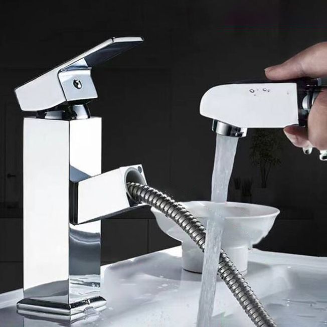 Contemporary Bathroom Faucet Brass Lever Handle Pull-out Sink Faucet