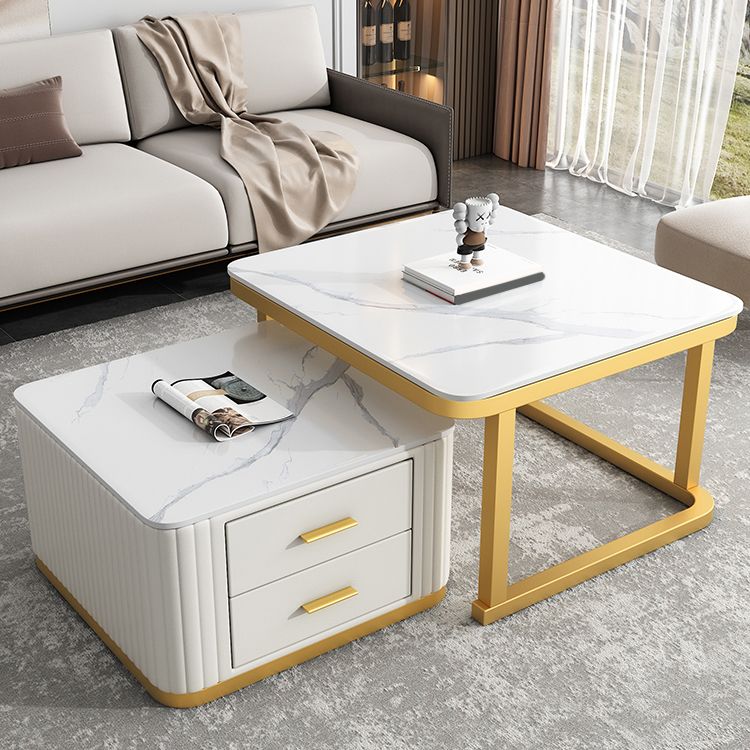 Modern Square Stone Coffee Table with Drawers 2 Nesting Cocktail Table Set