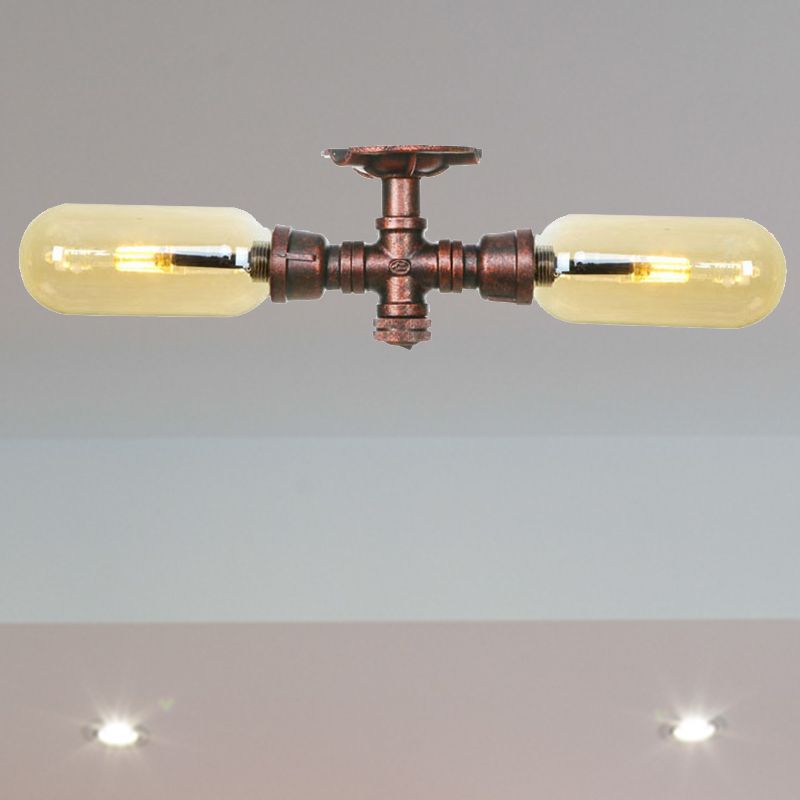 Oval Shade Amber Glass Semi Mount Lighting Rustic Style 2 Bulbs Kitchen Ceiling Light in Weathered Copper with Pipe Design