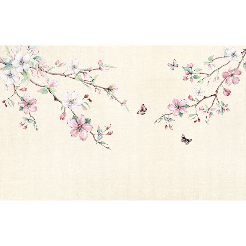 Hand Printed Peach Blossom Mural Wallpaper Modern Non-Woven Wall Covering in Pink