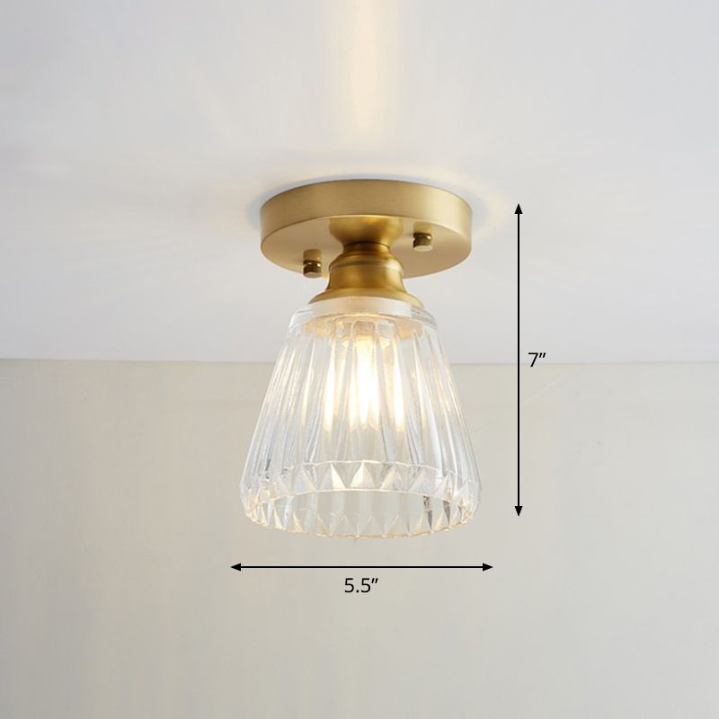 Industrial Small Ceiling Light Fixture 1-Light Textured Glass Semi Flush Mount in Brass for Aisle