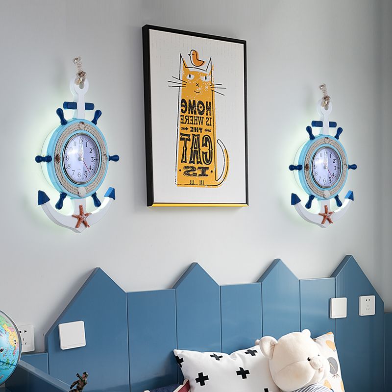 Child Bedroom Anchor Rudder Wall Light with Clock Wood Nautical Stylish Blue Wall Lamp